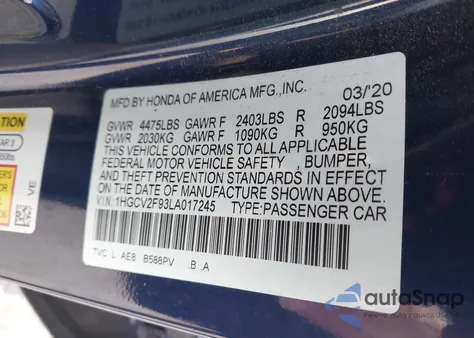 2020 Honda Accord Touring z USA, uszkodzony, nr VIN 1HGCV2F93LA017245